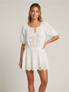 Beautiful Stories Sz M White Bohemian Eyelet Light Resort Beachy Cover Up